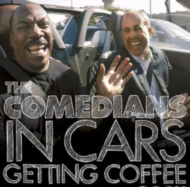 Cover of The Comedians in Cars Getting Coffee Book: Eddie Murphy and Jerry Seinfeld laughing in a convertible