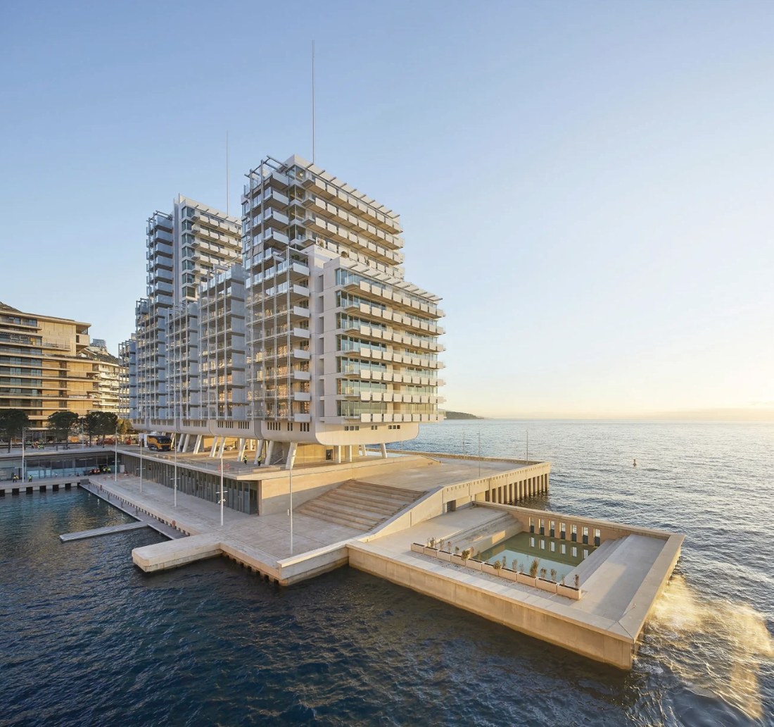 Le Renzo at Mareterra, Monaco, raised above the waterfront at sunset