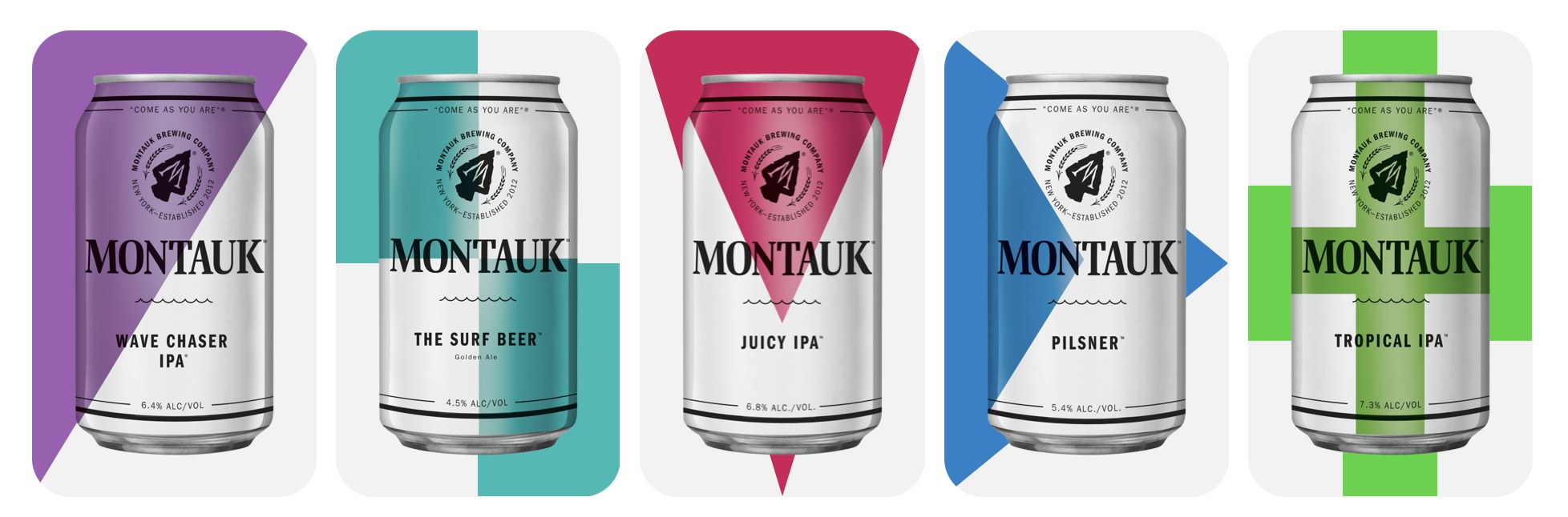 Five Montauk Brewing cans, Wave Chaser IPA, The Surf Beer, Juicy IPA, Pilsner and Tropical IPA, each with a bold color shape behind it