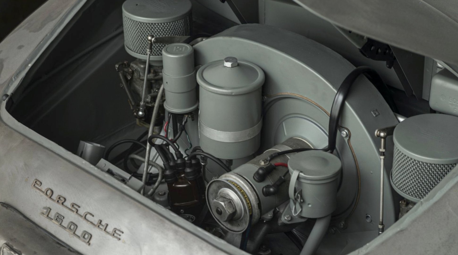 Engine bay of the 356 Bonsai, with a grey-painted Porsche 1600 engine