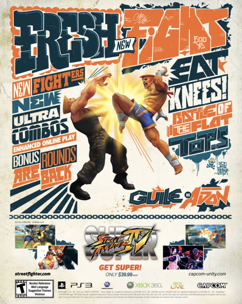 Super Street Fighter IV print ad: Guile versus Adon under hand-lettered headlines, Get Super!