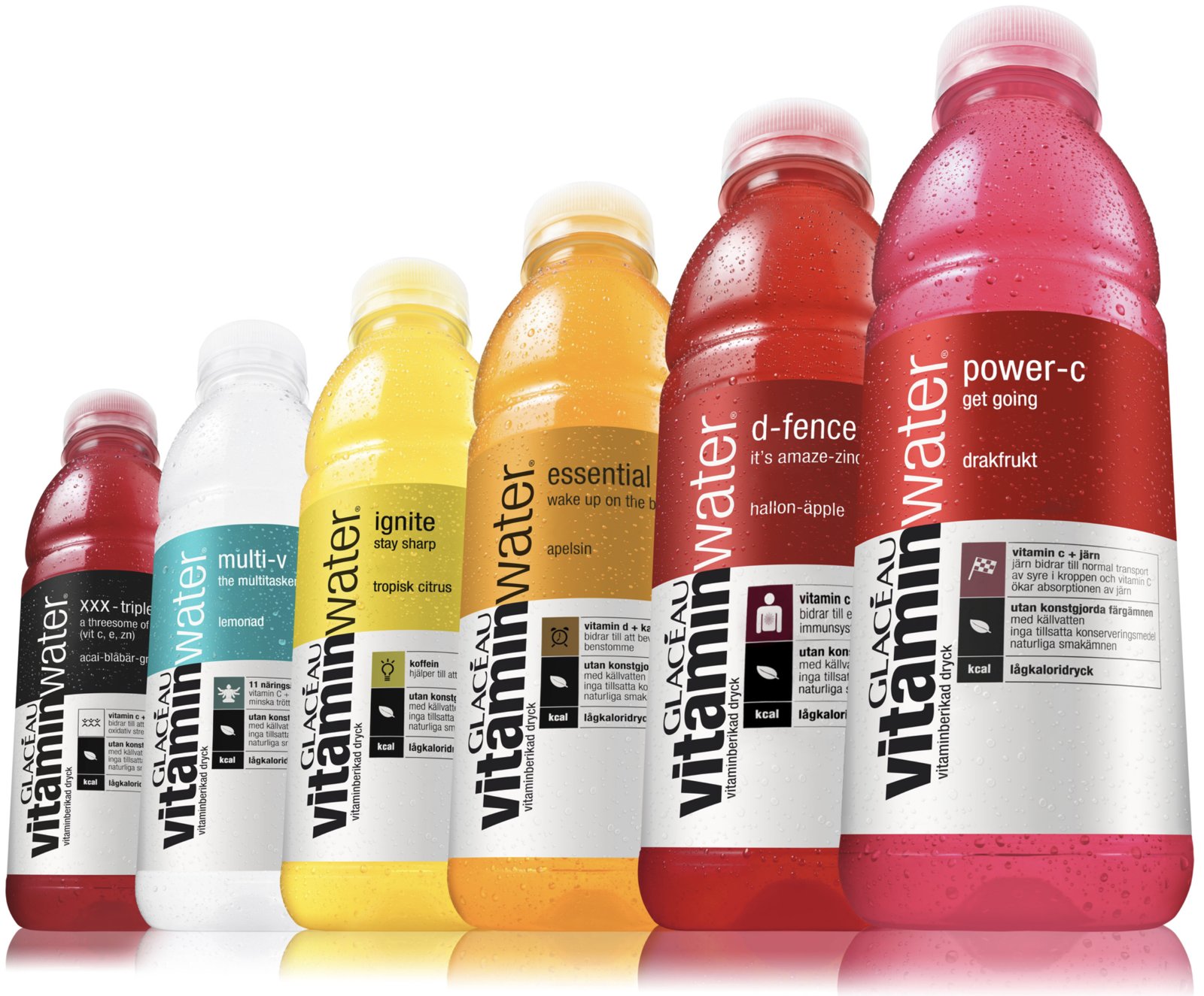 Six Glacéau vitaminwater bottles in a rising row, from XXX and multi-v to ignite, essential, d-fence and power-c